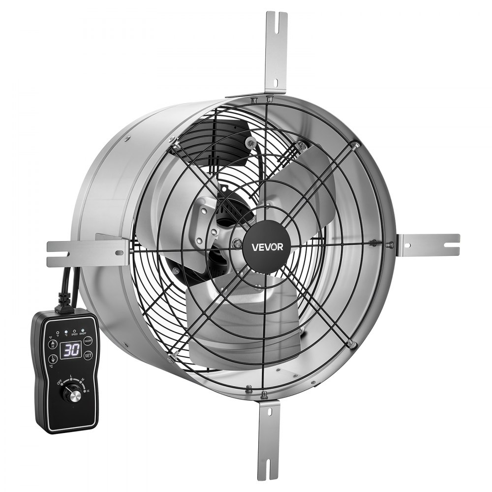 VEVOR Giebellüfter 38cm Dachbodenlüfter mit 2208,7m³/h Luftstrom Silber, Kühlung & Luftzirkulation für Dachboden Garage & Werkstatt, Kohlenstoffstahlgehäuse, mit Thermostat Netzkabel & Steuerkabel