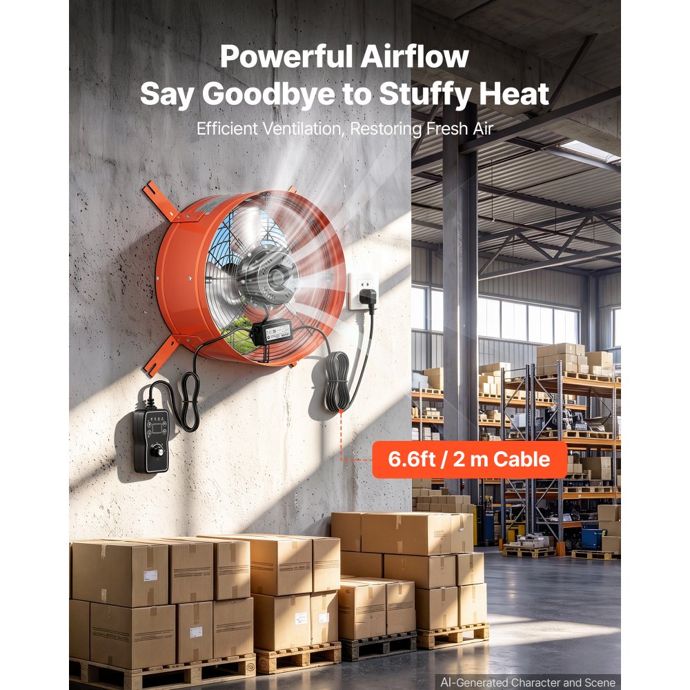 VEVOR Giebellüfter 38,1cm Dachbodenlüfter mit 2803,4m³/h Luftstrom Orange, Kühlung & Luftzirkulation für Dachboden Werkstatt & Zuhause, Kohlenstoffstahlgehäuse, mit Thermostat Netzkabel & Steuerkabel