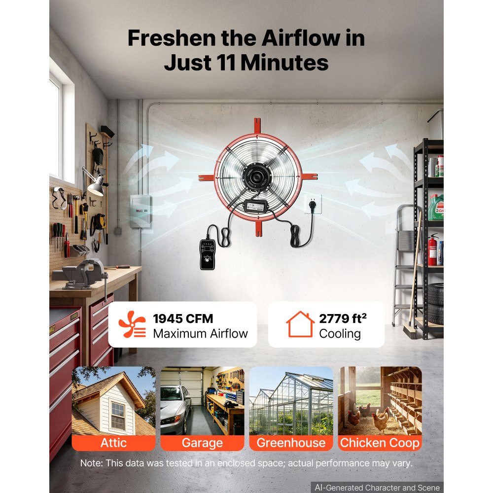 VEVOR Giebellüfter 40,6cm Dachbodenlüfter mit 3304,6m³/h Luftstrom Orange, Kühlung & Luftzirkulation für Dachboden Werkstatt & Garage, Kohlenstoffstahlgehäuse, mit Thermostat Netzkabel & Steuerkabel