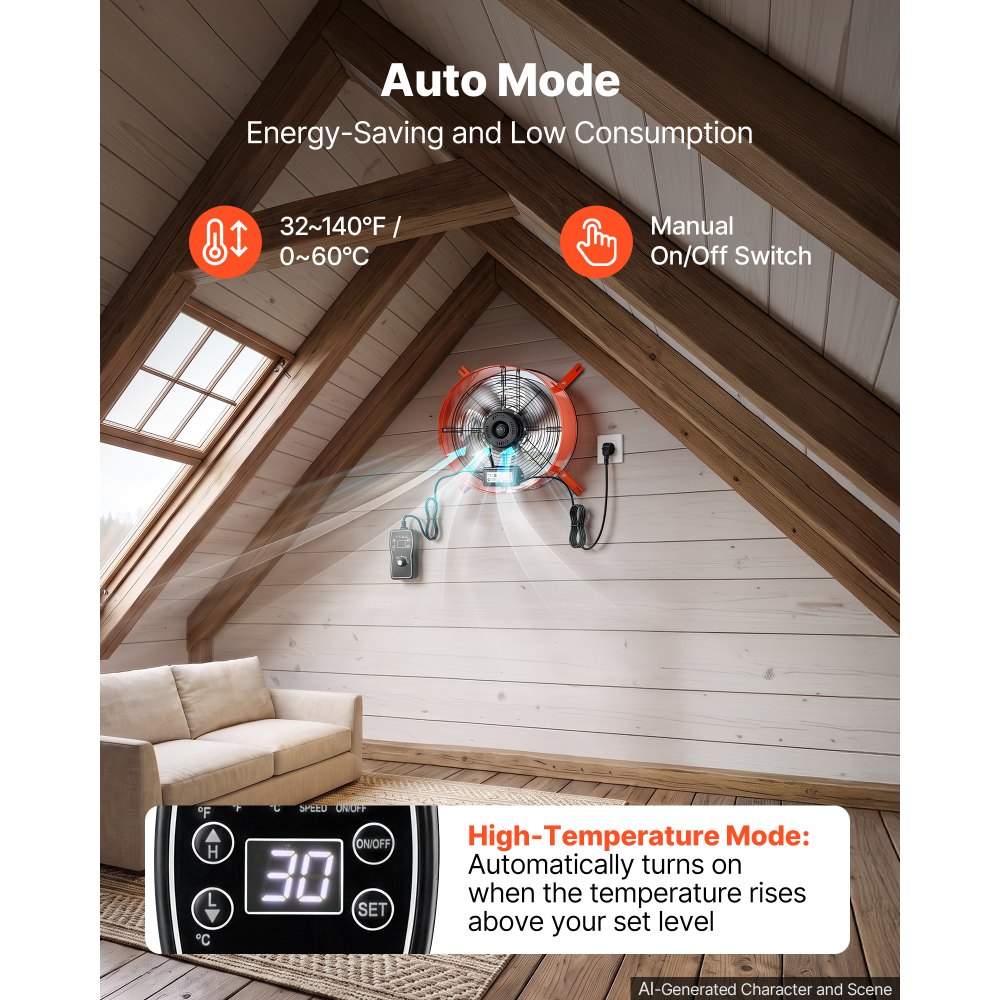 VEVOR Giebellüfter 40,6cm Dachbodenlüfter mit 4995,1m³/h Luftstrom Orange, Kühlung & Luftzirkulation für Dachboden Werkstatt & Lager, Kohlenstoffstahlgehäuse, mit Thermostat Netzkabel & Steuerkabel