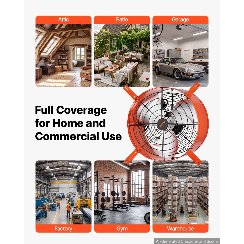 VEVOR Giebellüfter 40,6cm Dachbodenlüfter mit 4995,1m³/h Luftstrom Orange, Kühlung & Luftzirkulation für Dachboden Werkstatt & Lager, Kohlenstoffstahlgehäuse, mit Thermostat Netzkabel & Steuerkabel