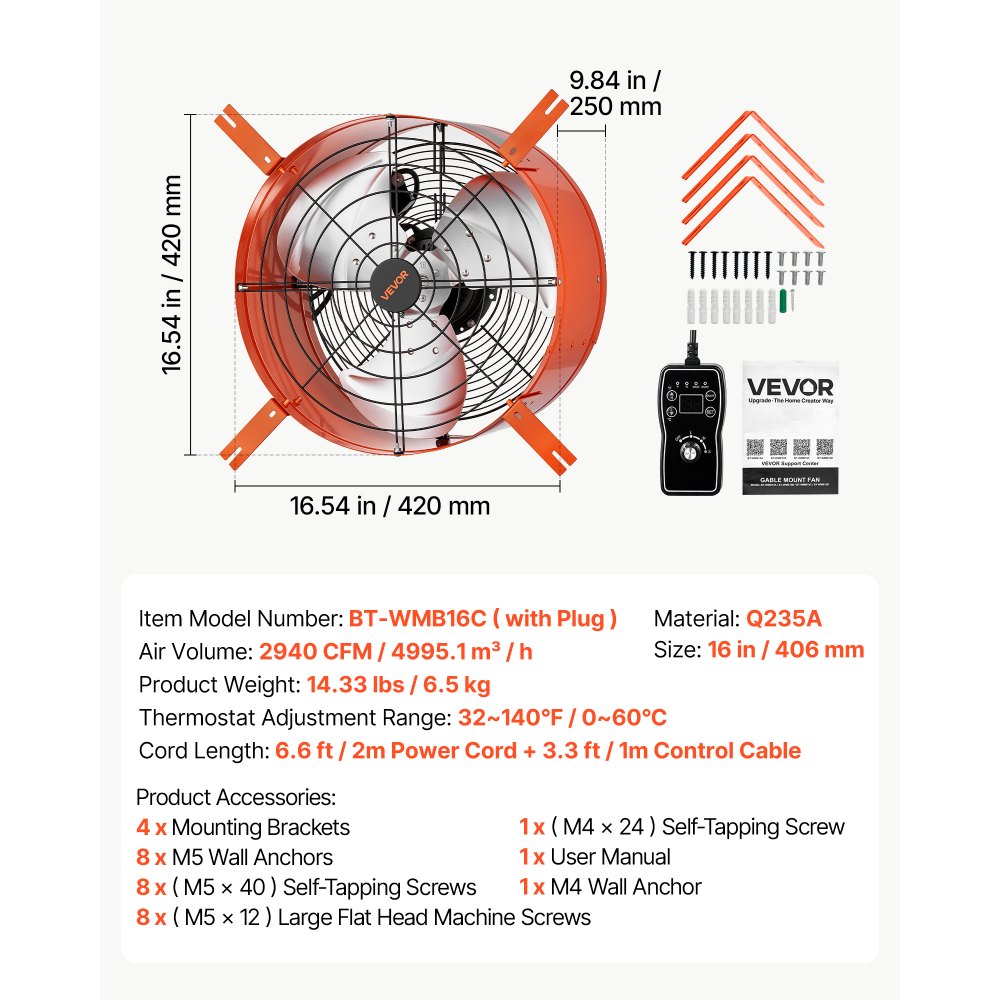 VEVOR Giebellüfter 40,6cm Dachbodenlüfter mit 4995,1m³/h Luftstrom Orange, Kühlung & Luftzirkulation für Dachboden Werkstatt & Lager, Kohlenstoffstahlgehäuse, mit Thermostat Netzkabel & Steuerkabel