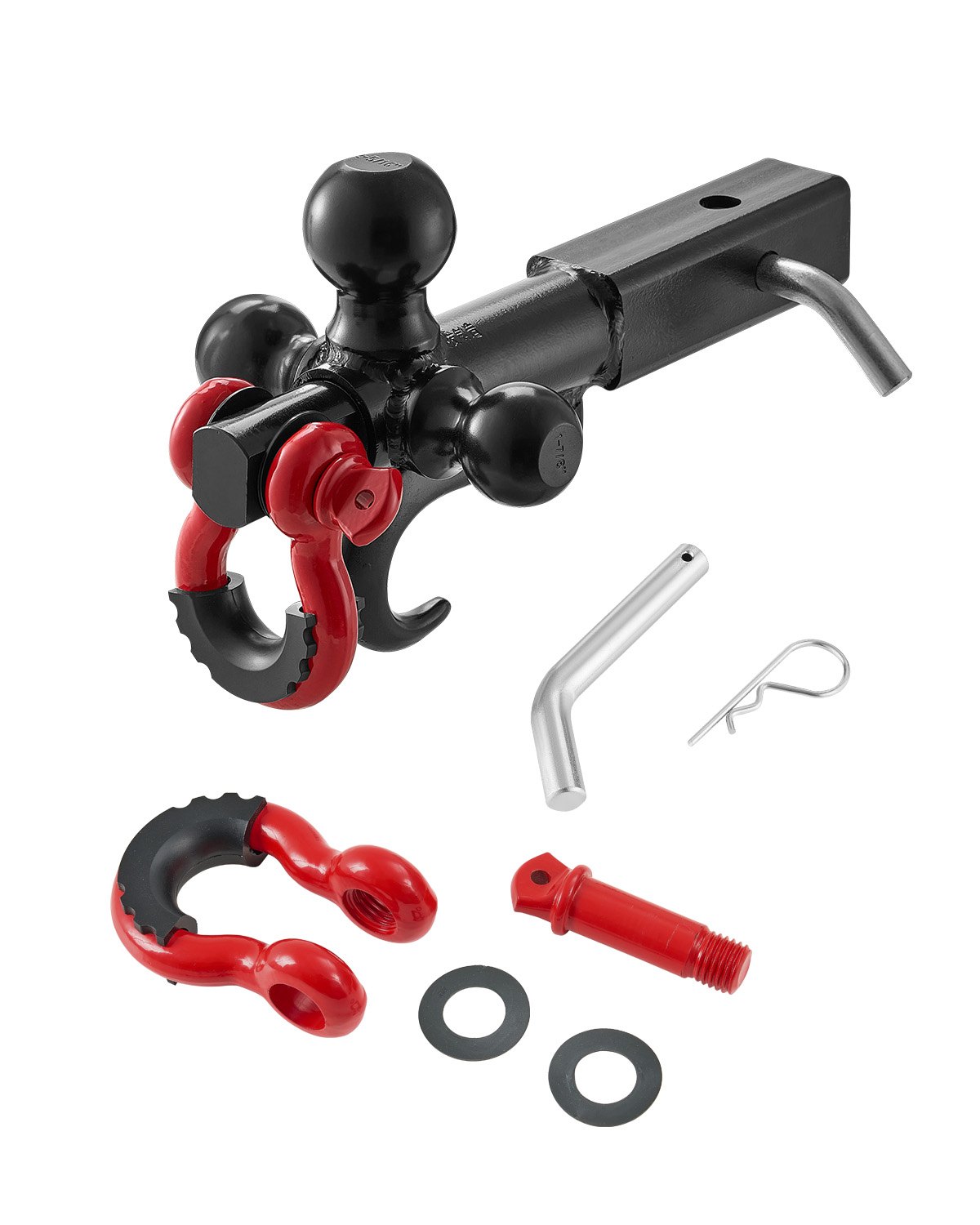 VEVOR towbar, ball head mount with hook and D-ring, suitable for 50 mm receivers, with 47.6/50/58.7 mm balls, 19,955 kg load capacity, for motorhomes, SUVs, ATVs, trucks, black