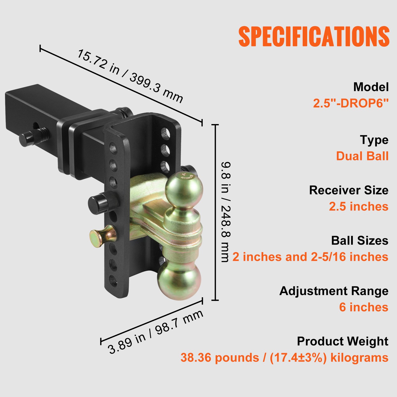 VEVOR verstellbare Kugelhalterung für Anhängerkupplung, 2,5-Zoll-Empfänger, 6-Zoll-Drop, 14500 lbs