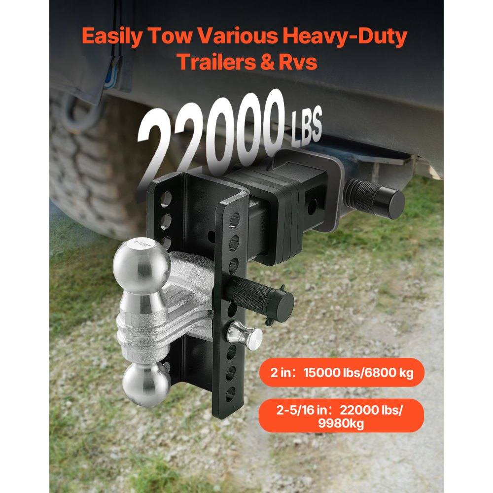 VEVOR verstellbare Anhängerkupplung,Kugelkopfhalterung, passend für 63,5mm Empfänger, robuste Anhängerkupplung mit 50 mm & 58,7 mm Kugeln, 22.000 lbs GTW, Empfängerkupplung mit Diebstahlschutzstift