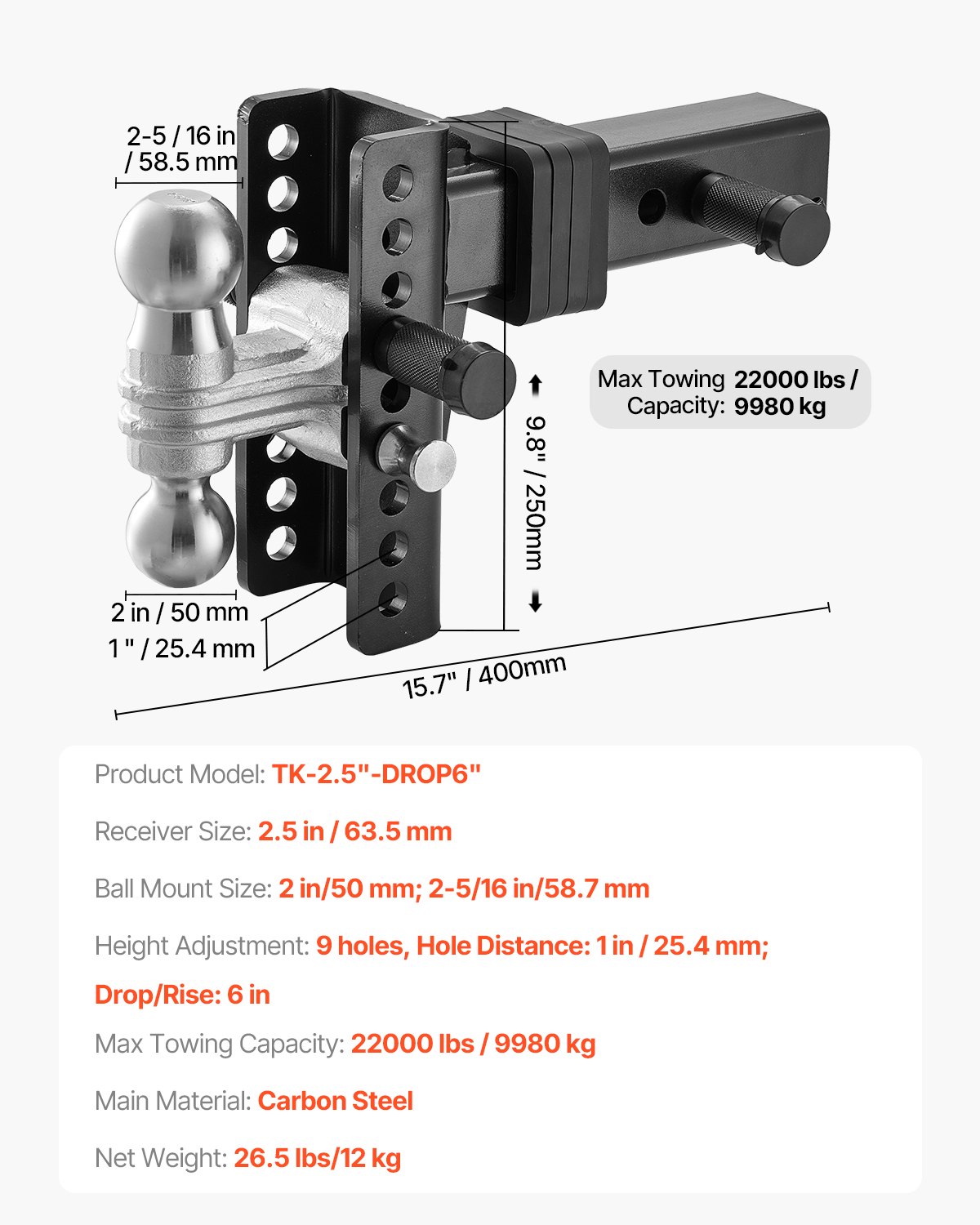 VEVOR verstellbare Anhängerkupplung,Kugelkopfhalterung, passend für 63,5mm Empfänger, robuste Anhängerkupplung mit 50 mm & 58,7 mm Kugeln, 22.000 lbs GTW, Empfängerkupplung mit Diebstahlschutzstift