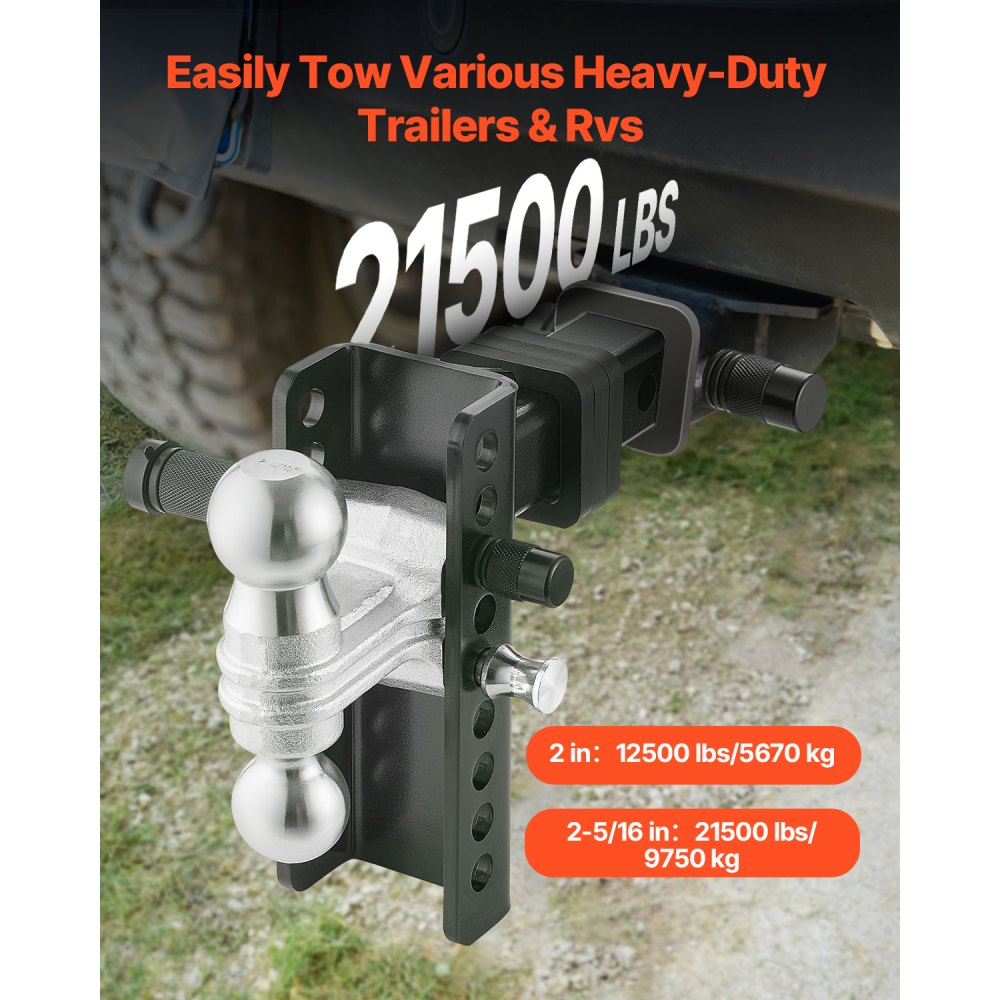 VEVOR adjustable towbar, 152.4 mm ball mount, ball head and drawbar, towbar with 50.8 & 58.7 mm balls, 9750 kg GTW, double ball coupling with anti-theft pin