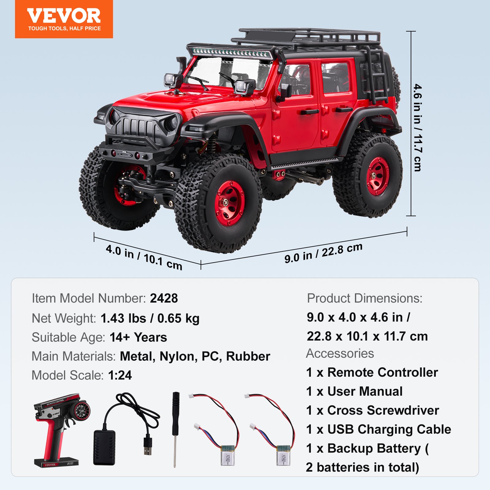 VEVOR Remote Controlled Car, 1:24 Scale RC Car, All-Terrain 4WD Off-Road Vehicle with Full Lights & 2 Rechargeable Batteries, 2-Speed Hobby Racing Car as a Gift for Children 14 Years and Over
