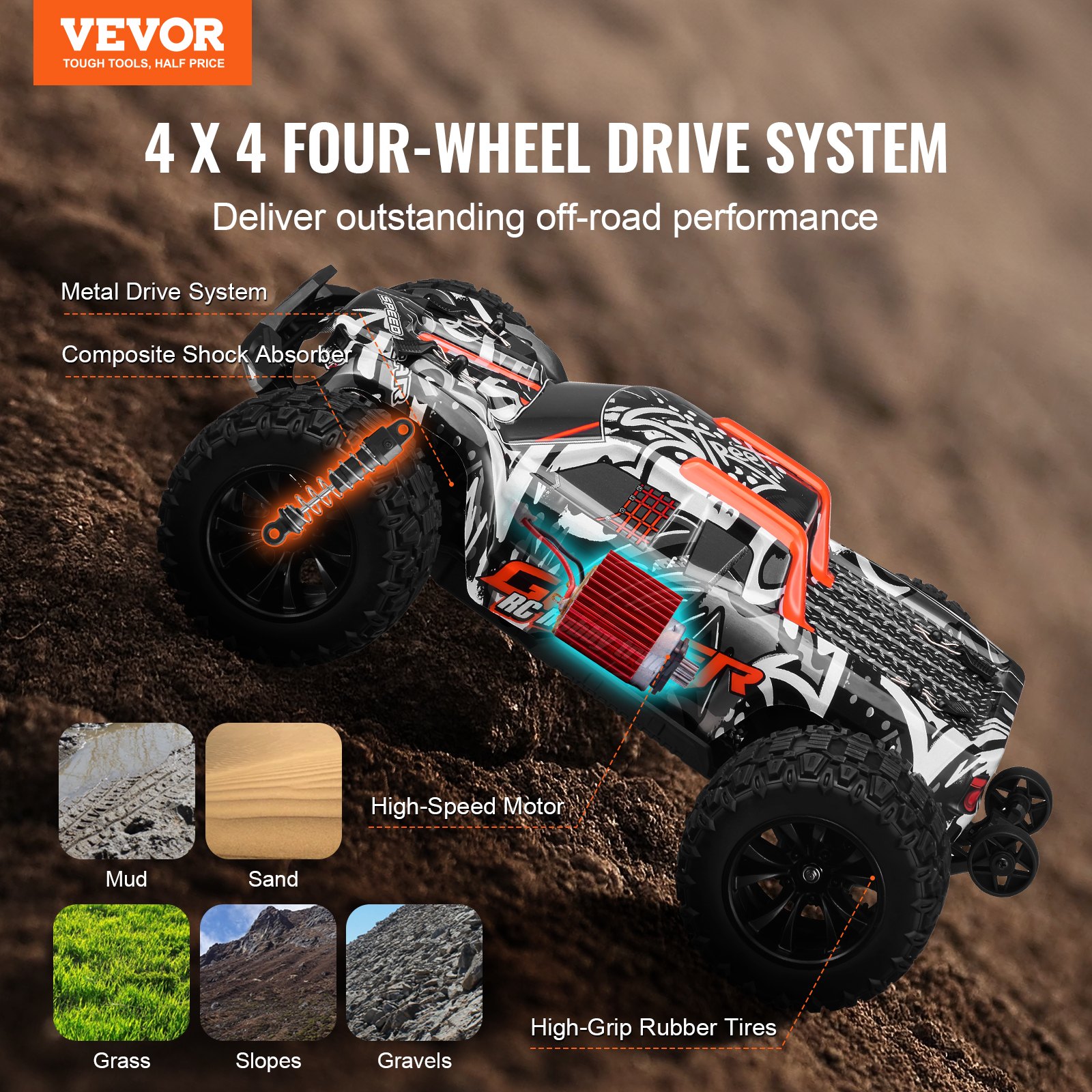 VEVOR Ferngesteuertes Auto, RC-Auto im Maßstab 1:14, All-Terrain-4WD-Offroad-Monstertruck mit 45° Wheelie und 2 Batterien, 38 km/h Hochgeschwindigkeits-RC-Truck, Ideal für Kinder ab 8 Jahren