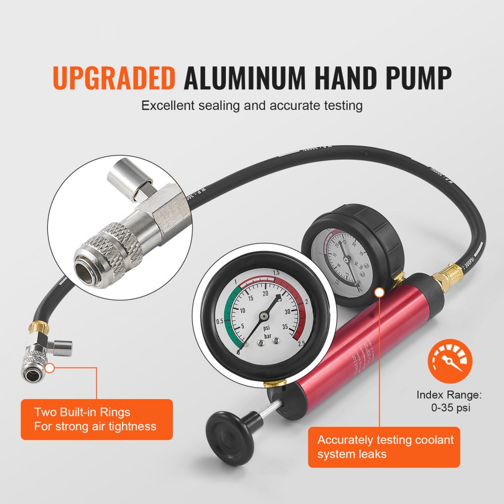VEVOR 14-teiliges Kühlerkühlmittel-Druckprüfer-Set Abdrückgerät, Abdrücken Tester Kühlwasser Befüllgerät, Kühler Entlüftungsgerät Kühlsystemtester inkl. Thermometer, 4 Metalladapter und 8 Prüfkappen