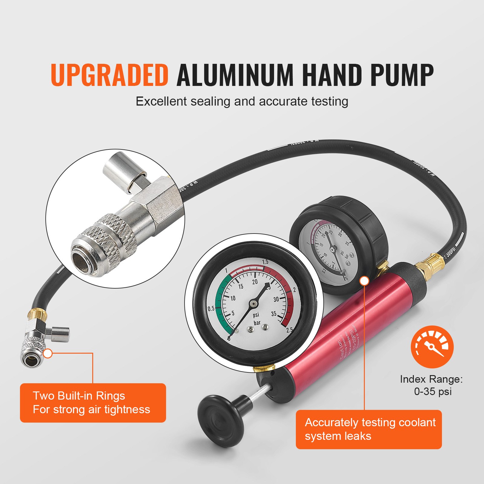 VEVOR 14-teiliges Kühlerkühlmittel-Druckprüfer-Set Abdrückgerät, Abdrücken Tester Kühlwasser Befüllgerät, Kühler Entlüftungsgerät Kühlsystemtester inkl. Thermometer, 4 Metalladapter und 8 Prüfkappen