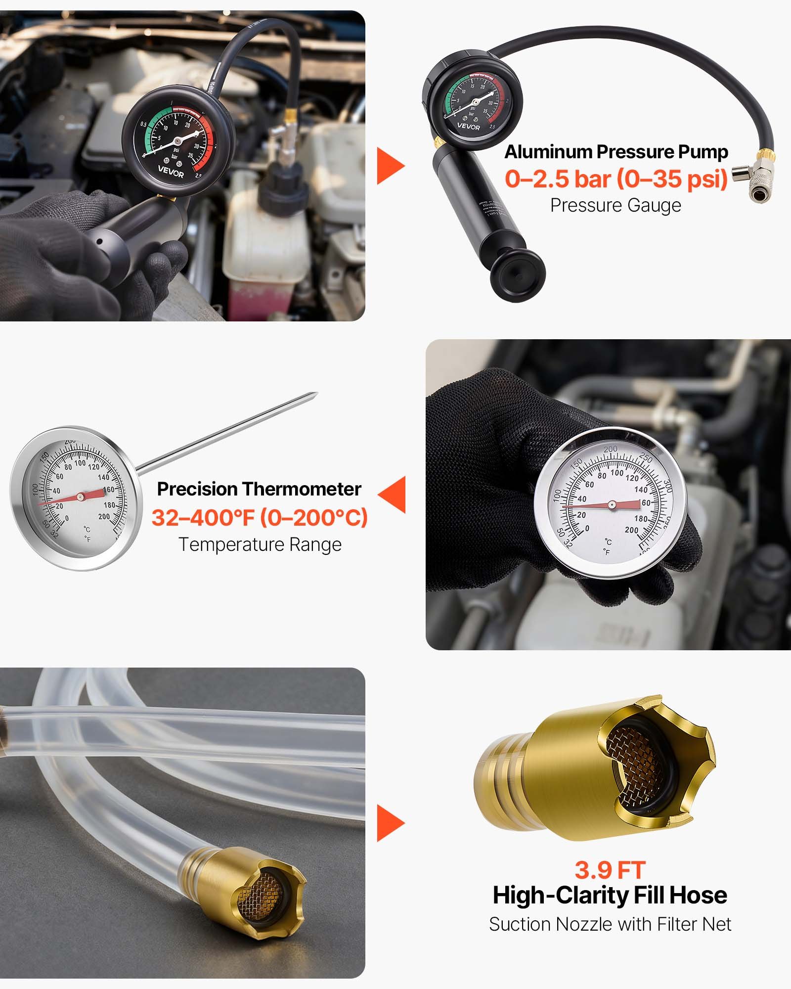 VEVOR Kühlmitteldruckprüfer Set 28-tlg. Kühlwasser Befüllgerät mit 4 Adaptern, universelle Passform, Druckprüfer-Set für Kfz-Kühlsysteme, mit Druckpumpe und Füller aus Aluminiumlegierung