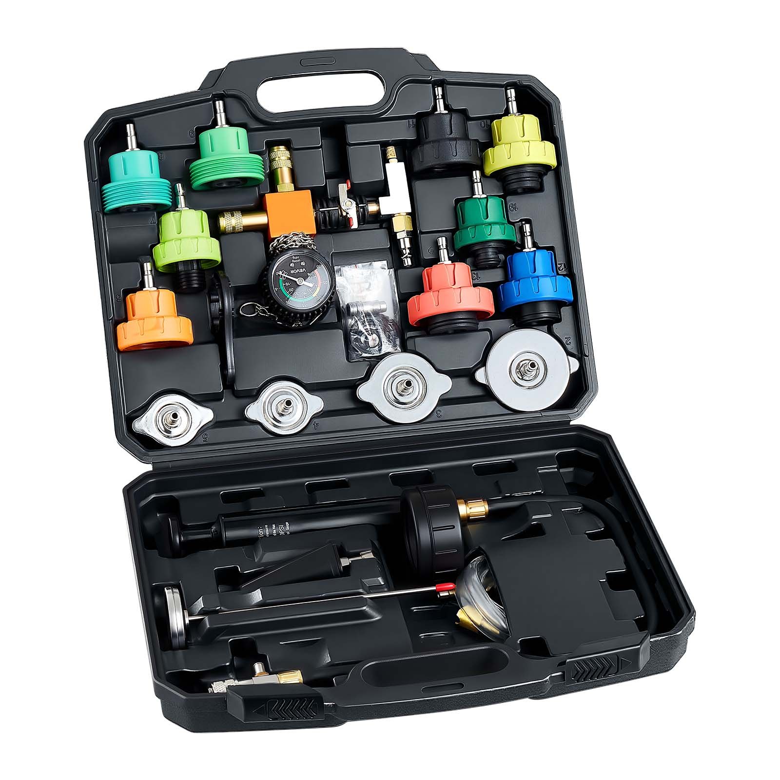 VEVOR Kühlmitteldruckprüfer Set 28-tlg. Kühlwasser Befüllgerät mit 4 Adaptern, universelle Passform, Druckprüfer-Set für Kfz-Kühlsysteme, mit Druckpumpe und Füller aus Aluminiumlegierung