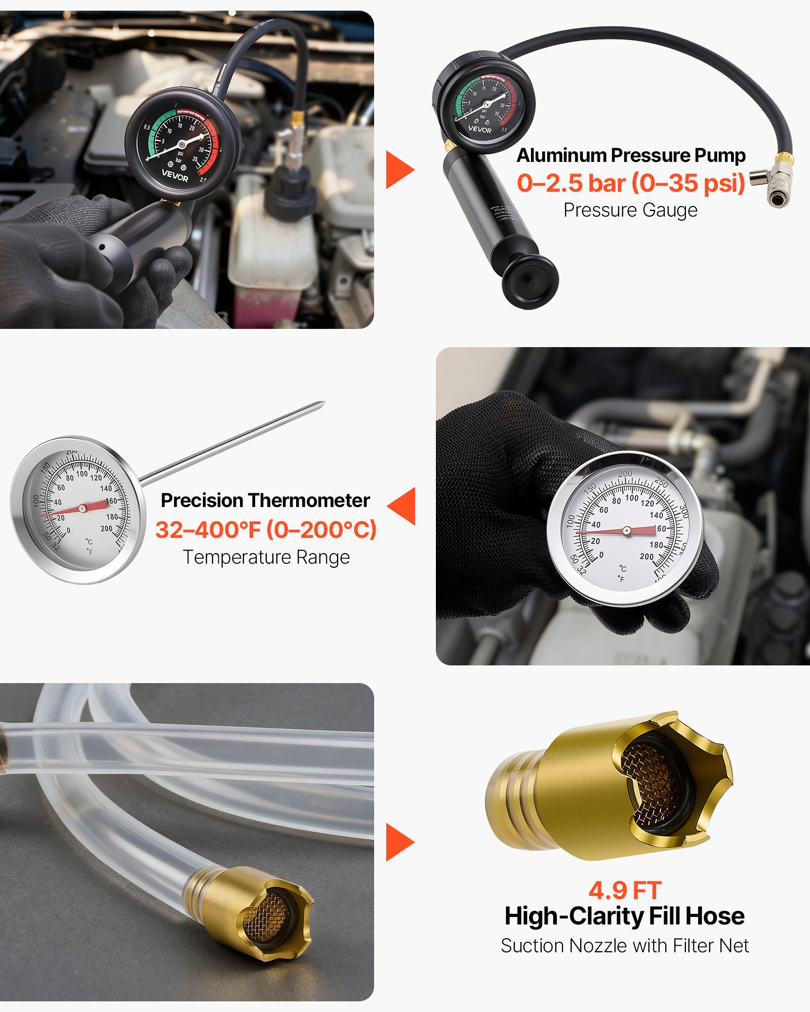 VEVOR Kühlmitteldruckprüfer-Set 47-tlg. Kühlwasser Befüllgerät mit 3 Metalladaptern, universelle Passform, Druckprüfwerkzeug für Kfz-Kühlsysteme, mit Druckpumpe und Aluminium-Kunststoff-Füller