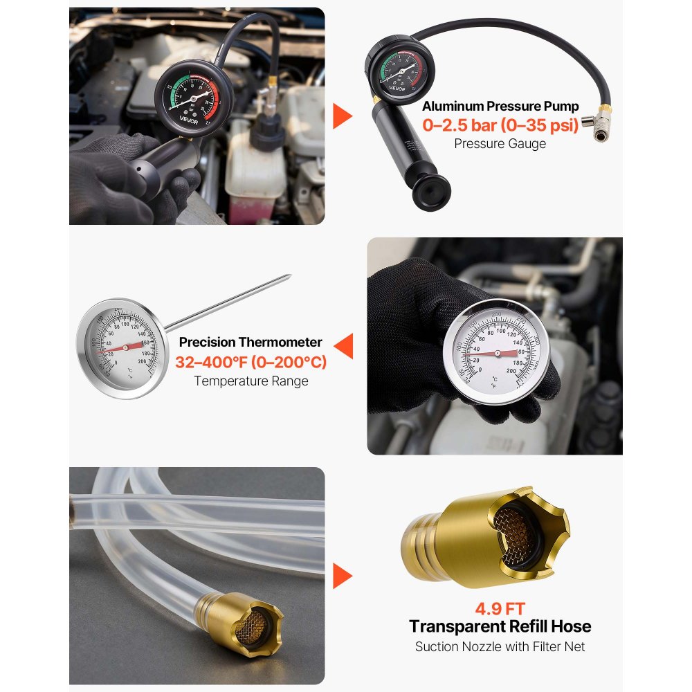 VEVOR Kühlmitteldruckprüfer Set 47-tlg. Kühlwasser Befüllgerät mit 3 Metalladaptern, universelle Passform, Druckprüfwerkzeug für Kfz-Kühlsysteme, mit Druckpumpe und Kunststofffüller