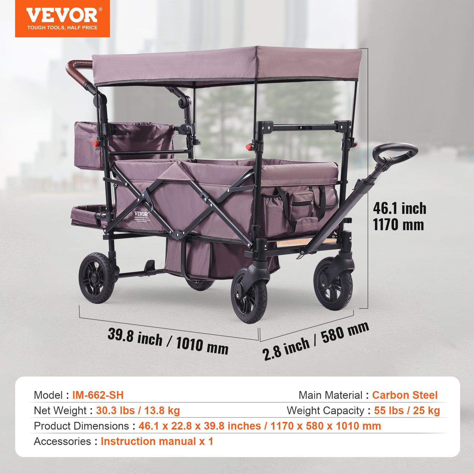 VEVOR Buggy für 2 Kinder, zusammenklappbarer Push-Pull-Kinderwagen mit verstellbarem Griff, umlaufendem Gurt, abnehmbarem Verdeck, 4 Rädern mit Bremsen, multifunktionaler Tandem-Kinderwagen für Camping, Dunkelviolett