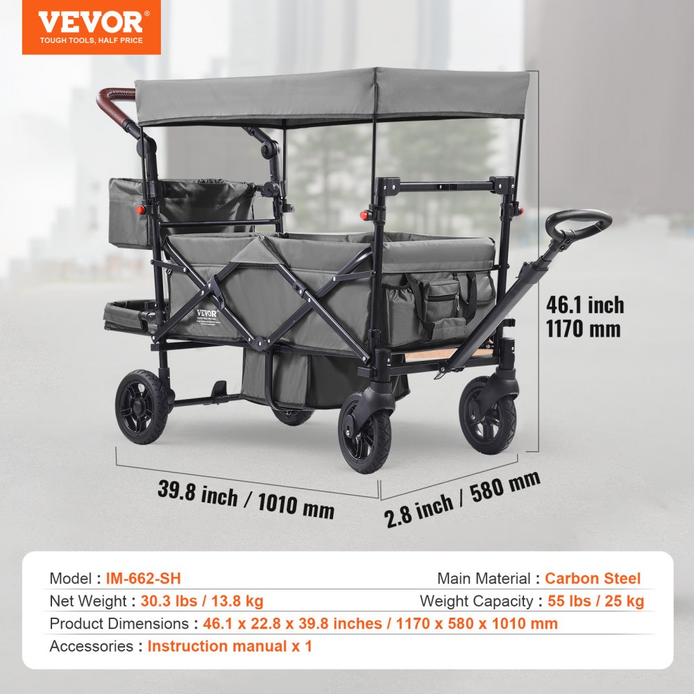 VEVOR Buggy für 2 Kinder, zusammenklappbarer Push-Pull-Kinderwagen mit verstellbarem Griff, umlaufendem Gurt, abnehmbarem Verdeck, 4 Rädern mit Bremsen, multifunktionaler Tandem-Kinderwagen für Camping, Dunkelgrau