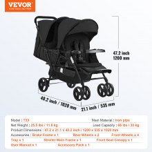 VEVOR Kinderwagen Geschwisterwagen Zwillingswagen Zwillingsbuggy faltbar Schwarz