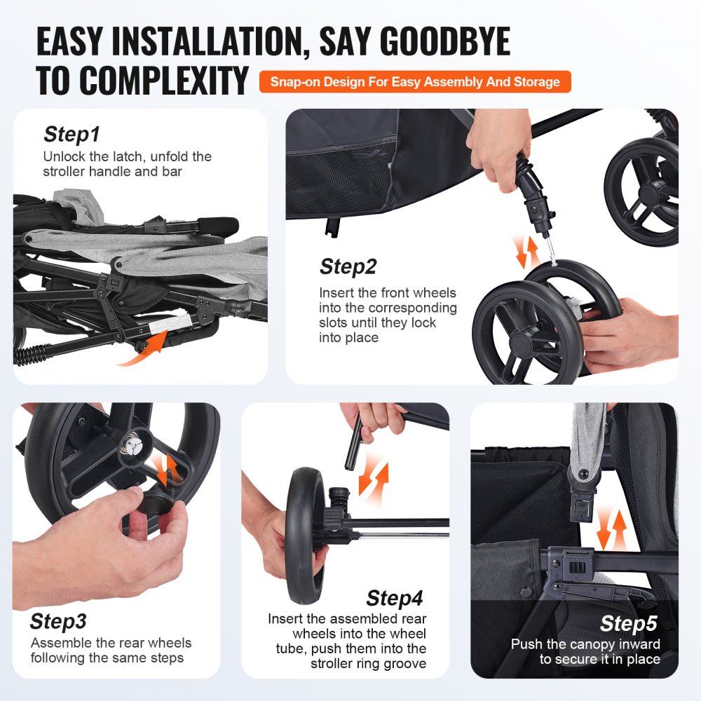 VEVOR Doppelkinderwagen, faltbarer, leichter Zwillingskinderwagen mit Tandemsitz, verstellbarer Rückenlehne/Fußstütze, Rundum-Sicherheitsgurt, Aufbewahrungskorb und Tablett, für Neugeborene und Kleinkinder (dunkelgrau)