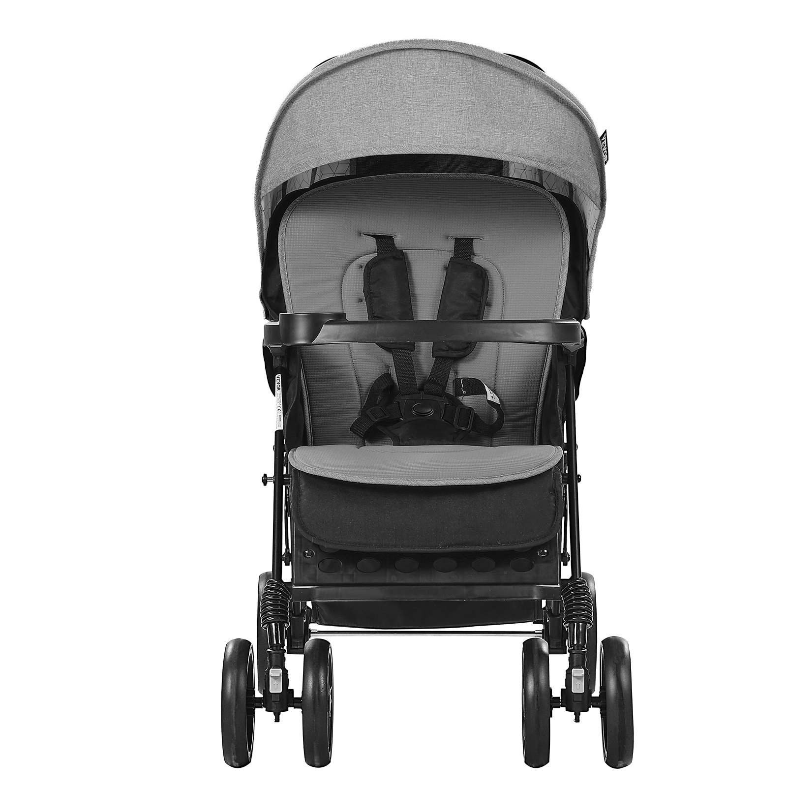 VEVOR Doppelkinderwagen, faltbarer, leichter Zwillingskinderwagen mit Tandemsitz, verstellbarer Rückenlehne/Fußstütze, Rundum-Sicherheitsgurt, Aufbewahrungskorb und Tablett, für Neugeborene und Kleinkinder (dunkelgrau)