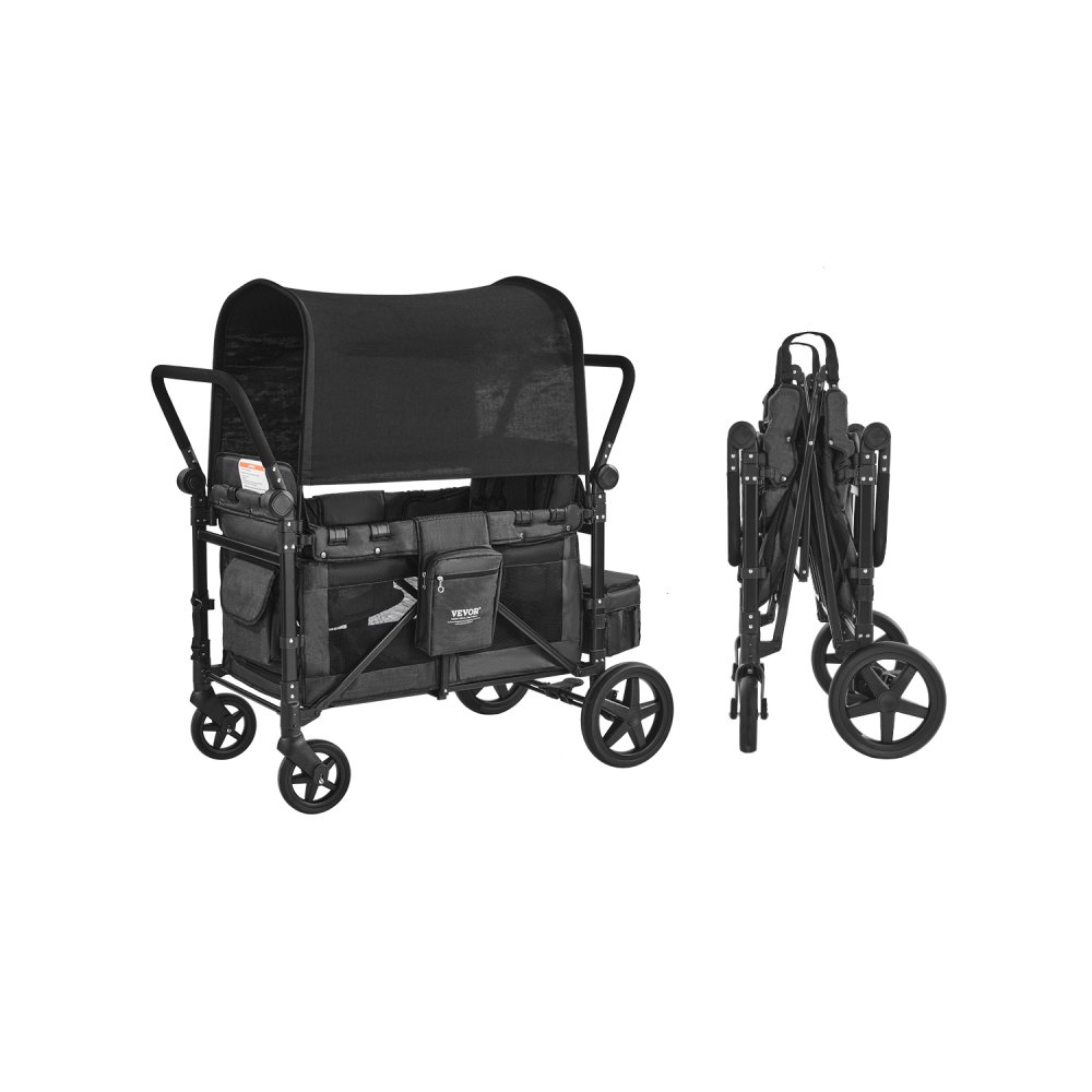 VEVOR Kinderwagen für 4 Kinder, Push-Pull-Reisebuggy mit verstellbarem Griff, Sicherheitsgurt und abnehmbarem Verdeck, 4-Sitzer-Bollerwagen für Camping, Dunkelgrau und Schwarz (150 kg Tragkraft)
