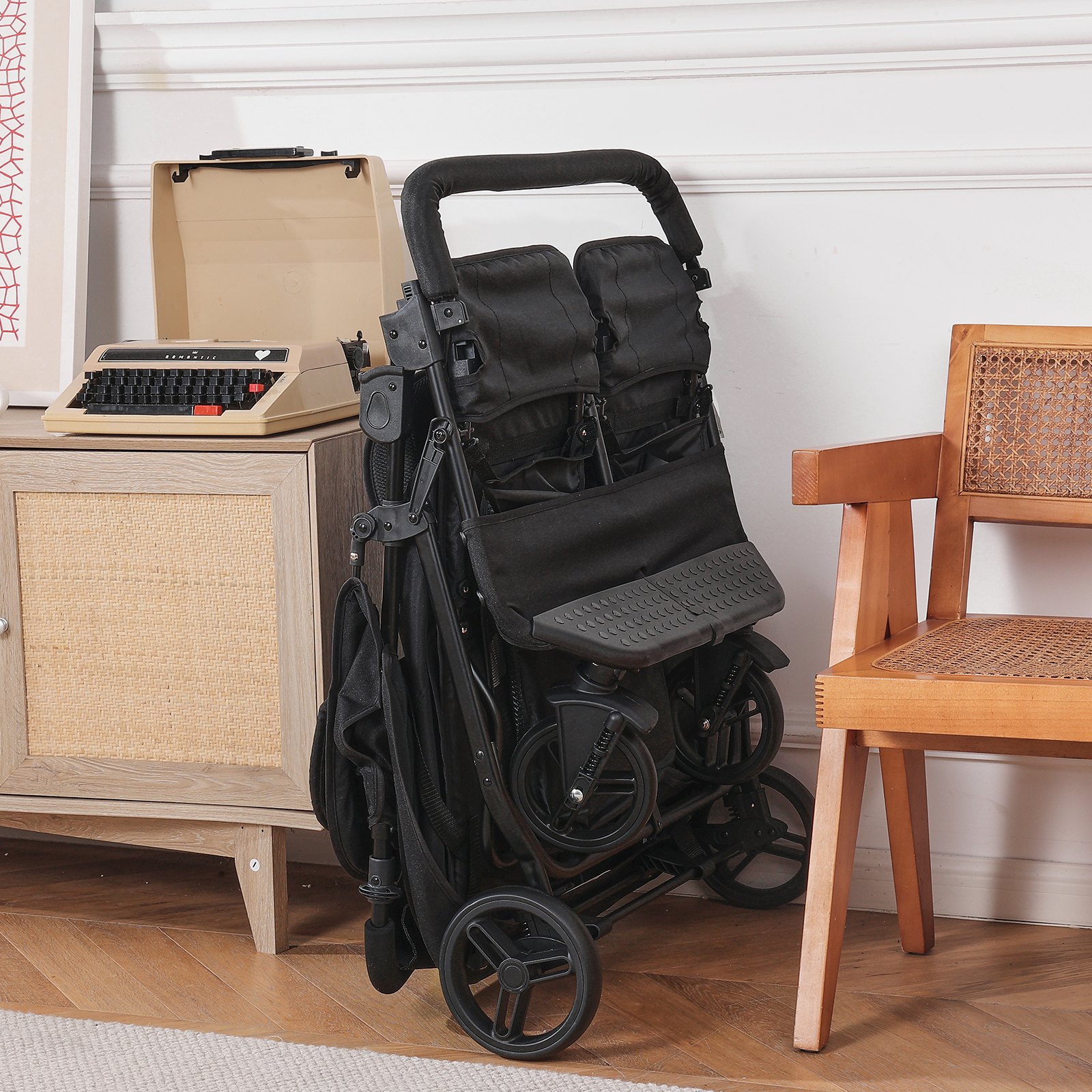 VEVOR Doppelkinderwagen, Seite x Seite, faltbarer, leichter Zwillingskinderwagen mit Tandemsitz, verstellbarer Fußstütze/drehbarem Griff, umlaufendem Sicherheitsgurt, Aufbewahrungskorb, für Neugeborene und Kleinkinder (schwarz)