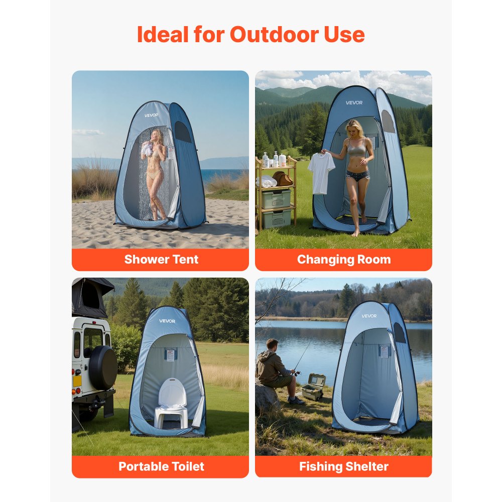VEVOR Duschzelt (119x119x210 cm) Pop Up Toilettenzelt mit Sofortaufbau, Umkleidezelt inkl. Heringen & Seilen & Tragetasche, aus 190T Polyester ideal für Camping Strand Angeln Blau