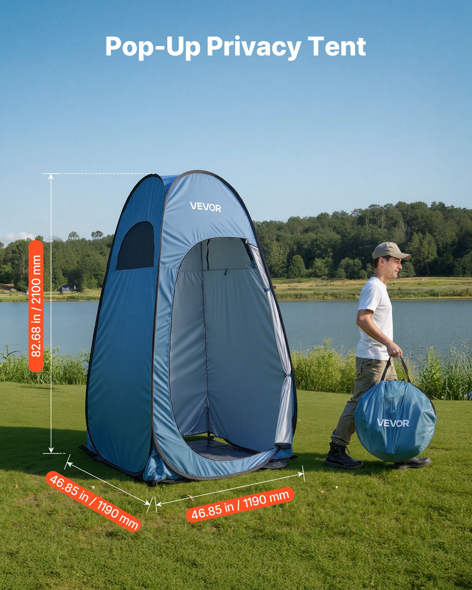 VEVOR Duschzelt (119x119x210 cm) Pop Up Toilettenzelt mit Sofortaufbau, Umkleidezelt inkl. Heringen & Seilen & Tragetasche, aus 190T Polyester ideal für Camping Strand Angeln Blau