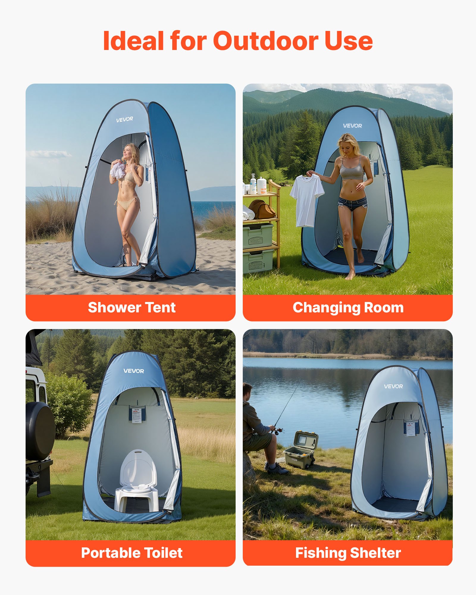 VEVOR Pop Up Duschzelt (1219 x 1219 x 2134 mm) Wasserfestes Toilettenzelt mit, Umkleidezelt inkl. Heringen & Seilen & Tragetasche & Aufhängetasche, aus 190T Polyester für Camping Strand Angeln Blau