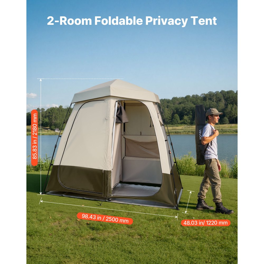 VEVOR Duschzelt mit 2 Räumen, Toilettenzelt (250x122x218 cm) mit Sichtschutz, Umkleidezelt inkl. Heringen & Seilen & Tragetasche & Querstange, aus 150D Oxford-Gewebe für Camping Strand Angeln Khaki