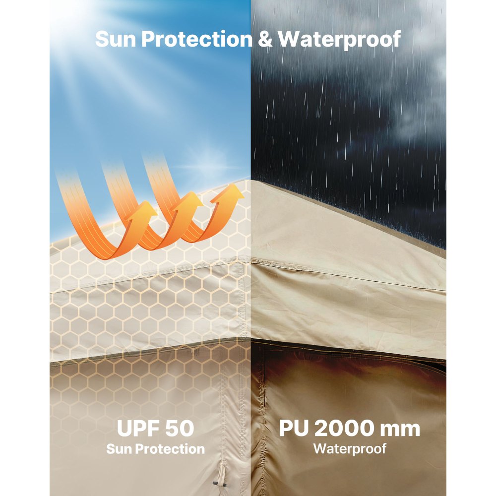 VEVOR Duschzelt mit 2 Räumen, Toilettenzelt (250x122x218 cm) mit Sichtschutz, Umkleidezelt inkl. Heringen & Seilen & Tragetasche & Querstange, aus 150D Oxford-Gewebe für Camping Strand Angeln Khaki