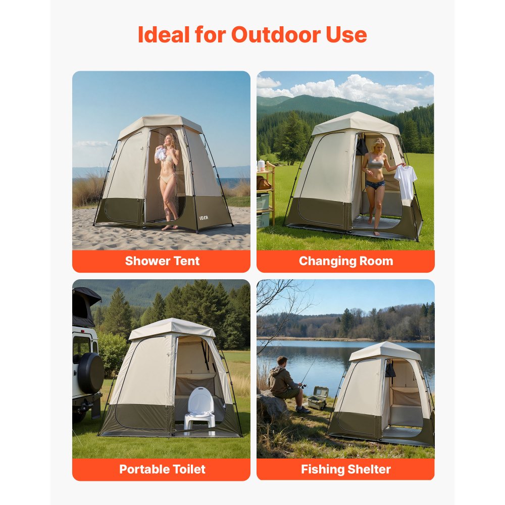 VEVOR Duschzelt mit 2 Räumen, Toilettenzelt (250x122x218 cm) mit Sichtschutz, Umkleidezelt inkl. Heringen & Seilen & Tragetasche & Querstange, aus 150D Oxford-Gewebe für Camping Strand Angeln Khaki
