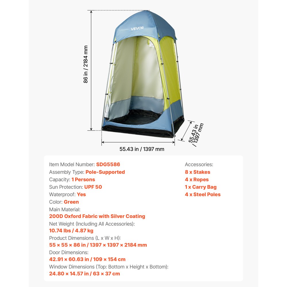 VEVOR Duschzelt mit 1 Raum, Toilettenzelt (1397x1397x2184 mm) Umkleidezelt inkl. Heringen & Seilen & Tragetasche &  Stahlstange, aus 200D Oxford-Gewebe für Camping Strand Angeln Grün