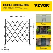 VEVOR Einzelnes Faltbares Sicherheitstor, 48 x 66 Zoll Falttürtor, Akkordeon-Sicherheitstor aus Stahl, Flexibel Erweiterbares Sicherheitstor, Rollendes Barrikadentor, Scherentor mit Vorhängeschloss