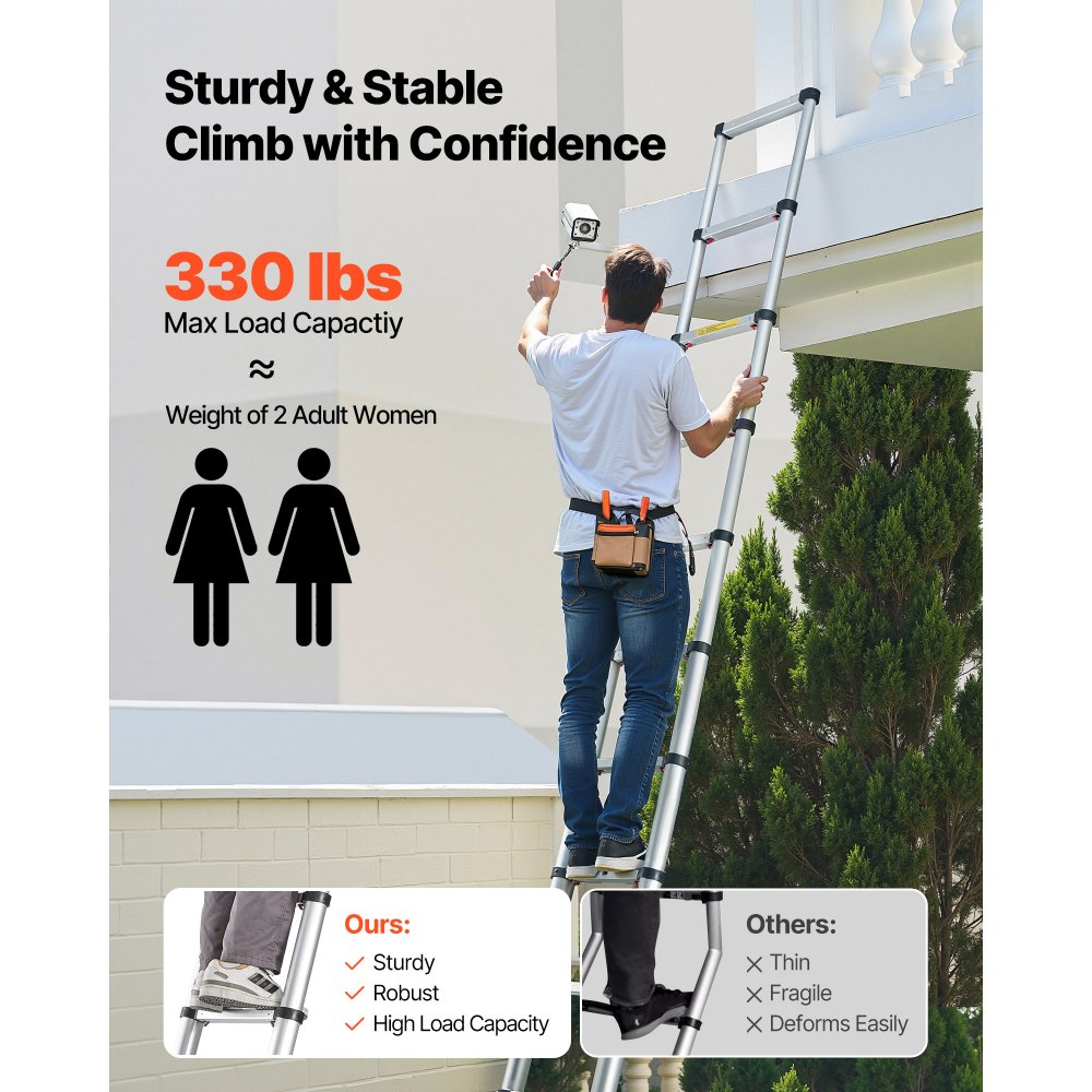 VEVOR Teleskopleiter 3740 mm, Aluminium-Klappleiter mit Einhand-Einzug, Mehrzweckleiter, belastbar bis 150 kg, Stehleiter, Haushaltsleiter, Außenleiter, für Haus, Garten & Dachboden