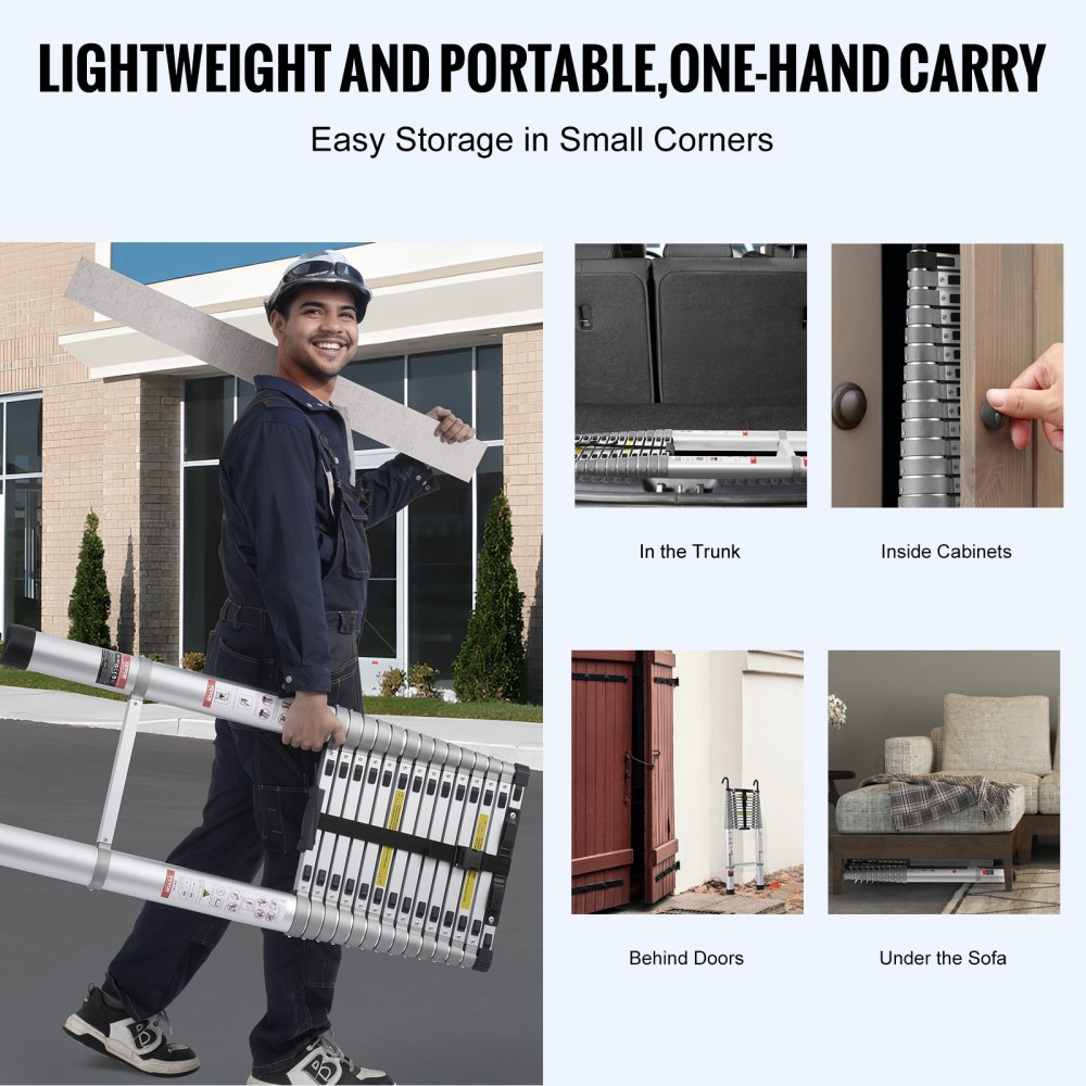 VEVOR Teleskopleiter, 6,2 m leichte Ausziehleiter aus Aluminium, Klappleiter mit Mehrfach-Einzug, Tragkraft 190 kg mit rutschfesten Sprossen, tragbare Kompaktleiter für Zuhause, Wohnmobil, Dachboden