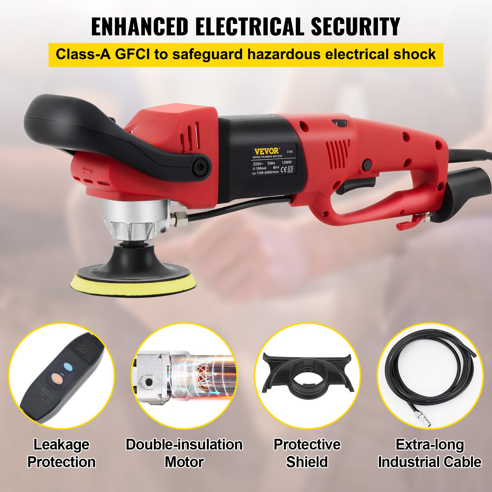 VEVOR Nasspolierer 1200 W / 220 V 4 Zoll NassPoliermaschine mit variabler Geschwindigkeit & Granit-Diamantpolierkissen Betonpoliermaschine Steinpoliermaschine für Granit / Marmor / Beton / Stein