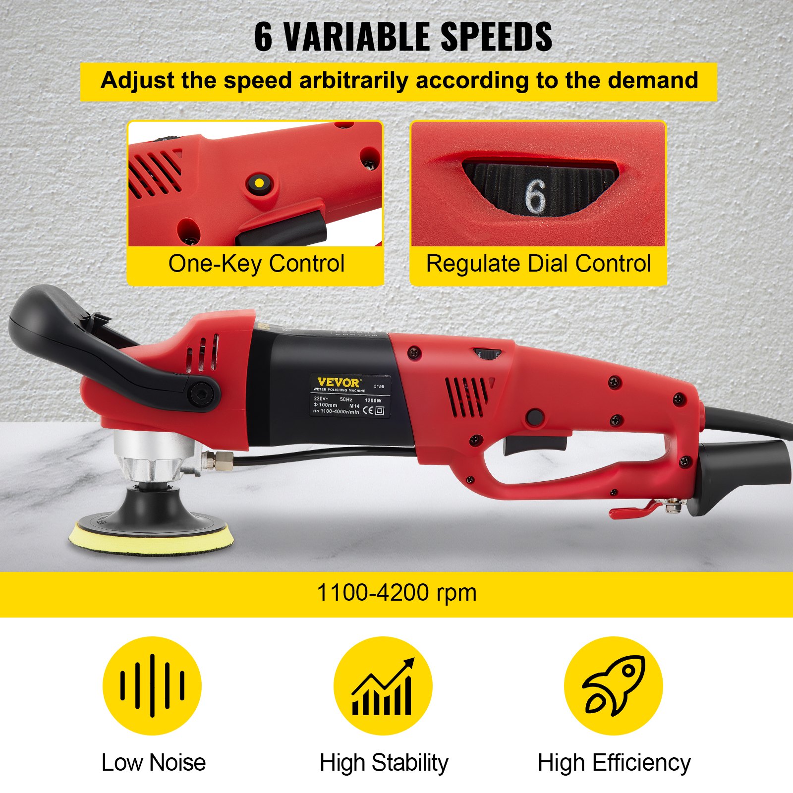 VEVOR Nasspolierer 1200 W / 220 V 4 Zoll NassPoliermaschine mit variabler Geschwindigkeit & Granit-Diamantpolierkissen Betonpoliermaschine Steinpoliermaschine für Granit / Marmor / Beton / Stein