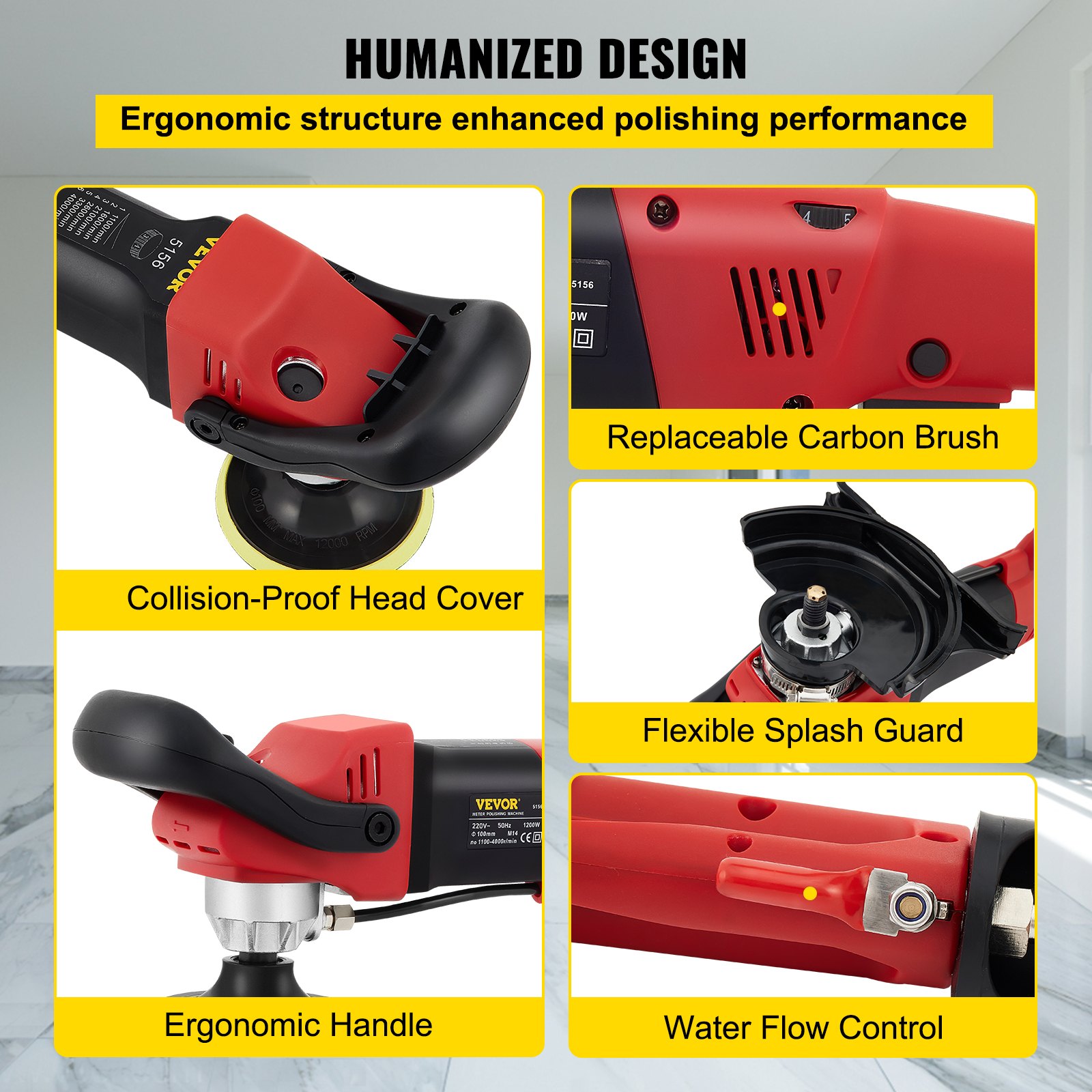 VEVOR Nasspolierer 1200 W / 220 V 4 Zoll NassPoliermaschine mit variabler Geschwindigkeit & Granit-Diamantpolierkissen Betonpoliermaschine Steinpoliermaschine für Granit / Marmor / Beton / Stein
