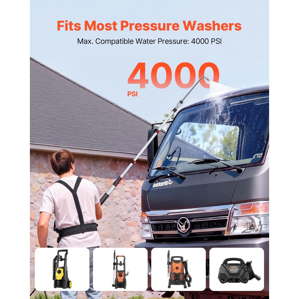 VEVOR 7.62 m Pressure Washer Telescoping Wand, with Power Washer Extension Wands & High Pressure Hose, Brush Head, 7 Nozzles, Hose Adapter, Support Belt, Storage Bag, 4000 PSI for High Cleaning