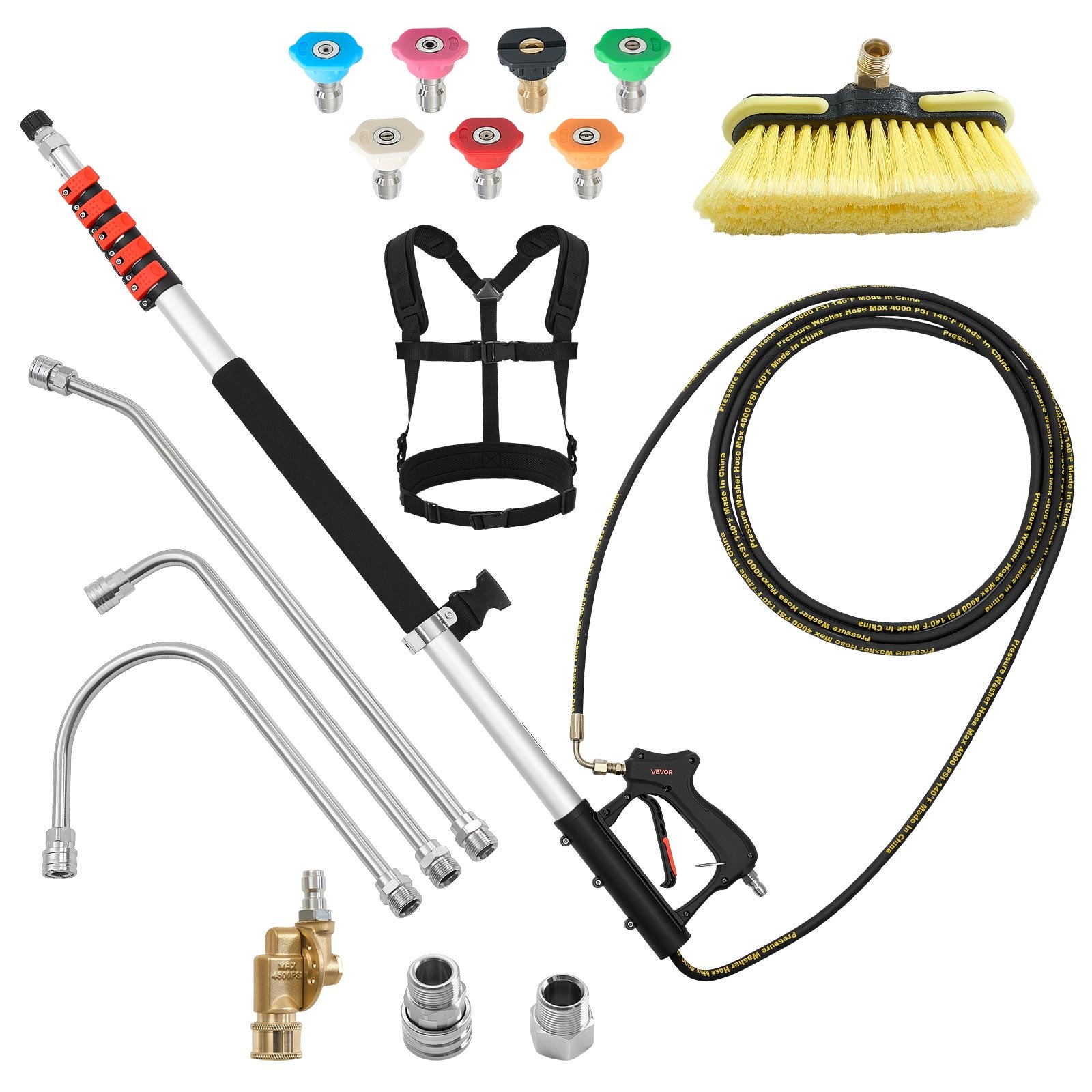 VEVOR 7.62 m Pressure Washer Telescoping Wand, with Power Washer Extension Wands & High Pressure Hose, Brush Head, 7 Nozzles, Hose Adapter, Support Belt, Storage Bag, 4000 PSI for High Cleaning