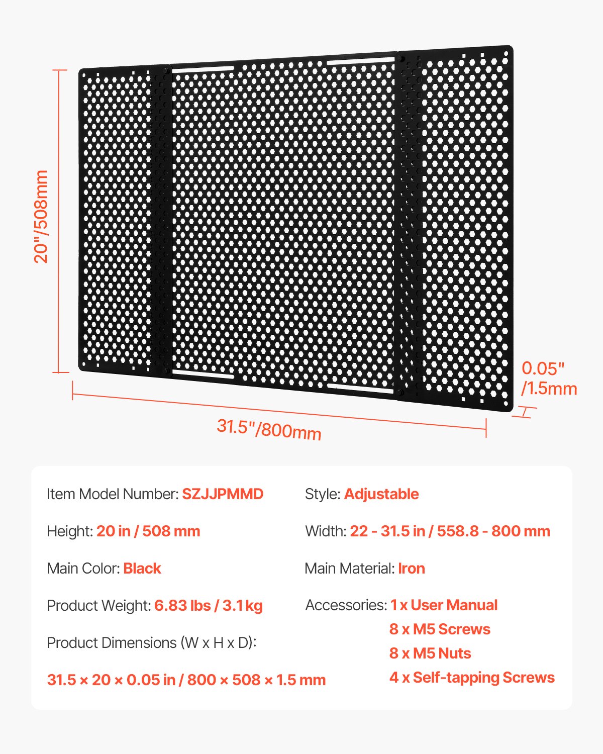 VEVOR RV Screen Door Protector, Adjusts from 558.8–800 mm, Adjustable Door Grille, Easy to Install, Reinforced Breathable Honeycomb Holes, Iron Camper RV Entry Protector for Pet Protection, Black