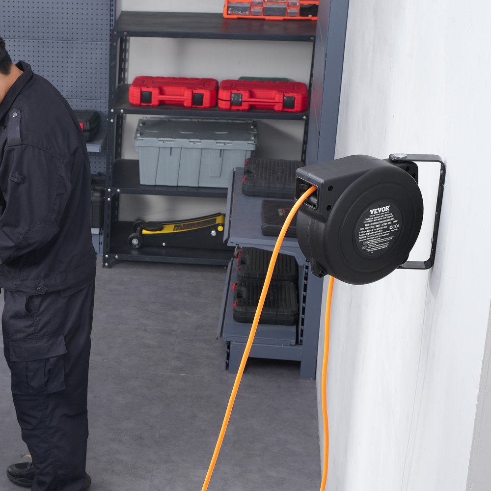 VEVOR Einziehbare Verlängerungskabeltrommel, 9 m, 1000 W Hochleistungs-Einziehstromkabel mit 1 m Zuleitung, Überhitzungsschutz und verstellbarem Kabelstopper, für Decken- oder Wandmontage