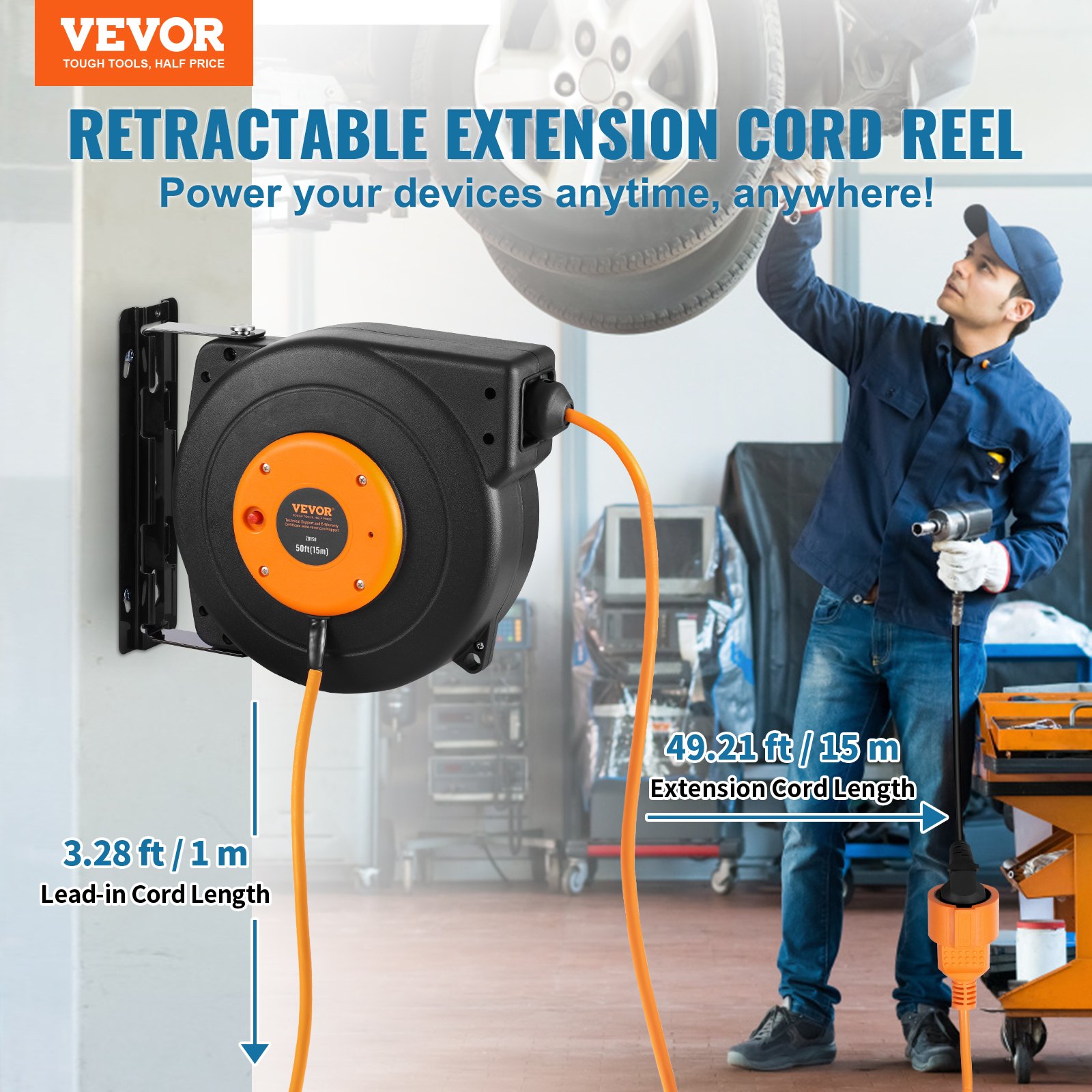 VEVOR Einziehbare Verlängerungskabeltrommel, 49,21 ft/15 m, 1600 W Hochleistungs-Einziehstromkabel mit 3,28 ft/1 m Zuleitungskabel, Überhitzungsschutz, PP-Hülle, 180° schwenkbare Halterung für Decken- oder Wandmontage