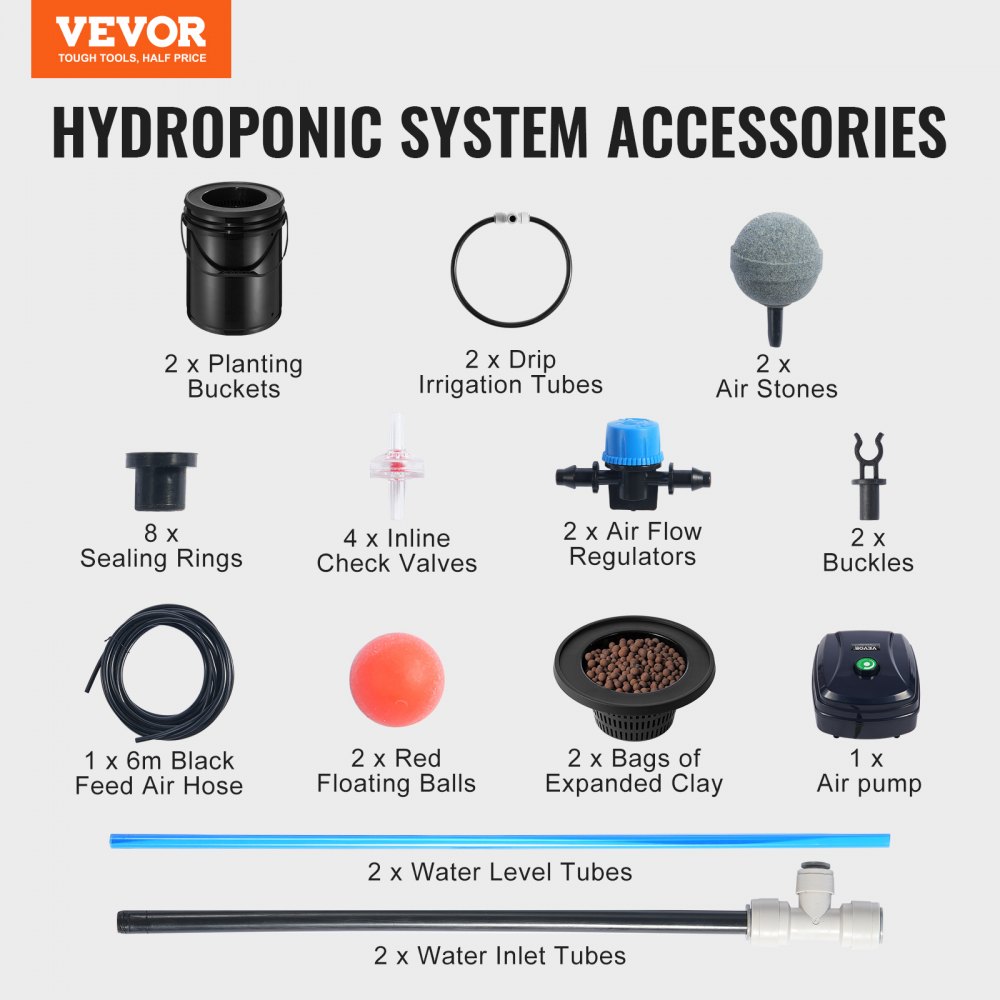 VEVOR DWC Hydroponics Grow System, Hydroponisches Anbausystem mit Top-Drip-Kit, Deep Water Culture 2 5-Gallonen-Eimer, mit Luftpumpe, Luftsteinen und Wasserstandsanzeige für Blattgemüse