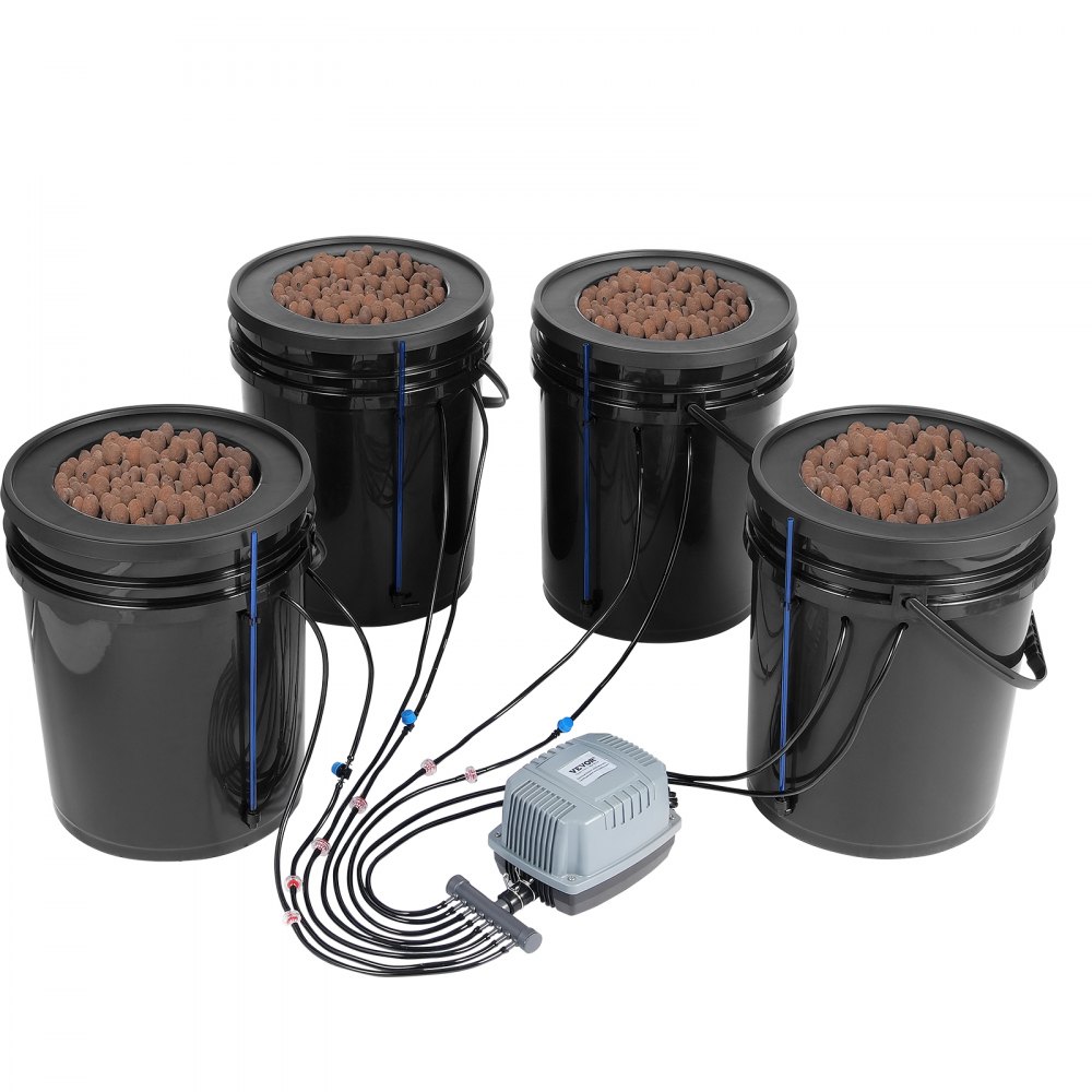 VEVOR DWC Hydroponics Grow System, Hydroponisches Anbausystem mit Top-Drip-Kit, Deep Water Culture 5-Gallonen-4-Eimer, mit Luftpumpe, Luftsteinen und Wasserstandsanzeige für Blattgemüse