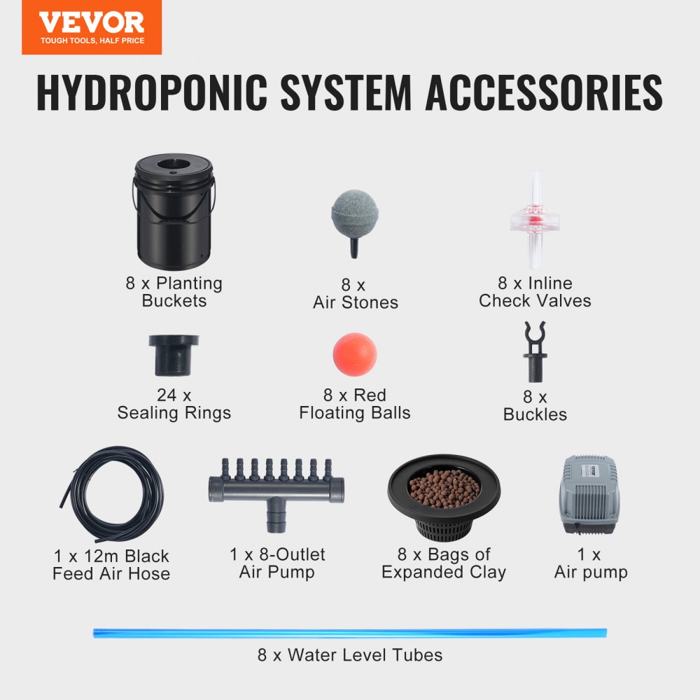 VEVOR DWC Hydroponics Grow System, Hydroponisches Anbausystem, Deep Water Culture 5-Gallonen 8 Eimer, DWC-System mit Luftpumpe, Luftsteinen und Wasserstandsanzeige für Blattgemüse