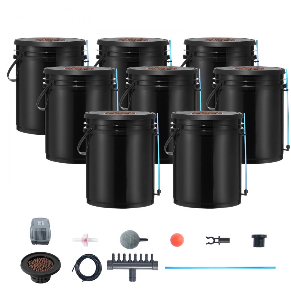 VEVOR DWC Hydroponics Grow System, Hydroponisches Anbausystem, Deep Water Culture 5-Gallonen 8 Eimer, DWC-System mit Luftpumpe, Luftsteinen und Wasserstandsanzeige für Blattgemüse