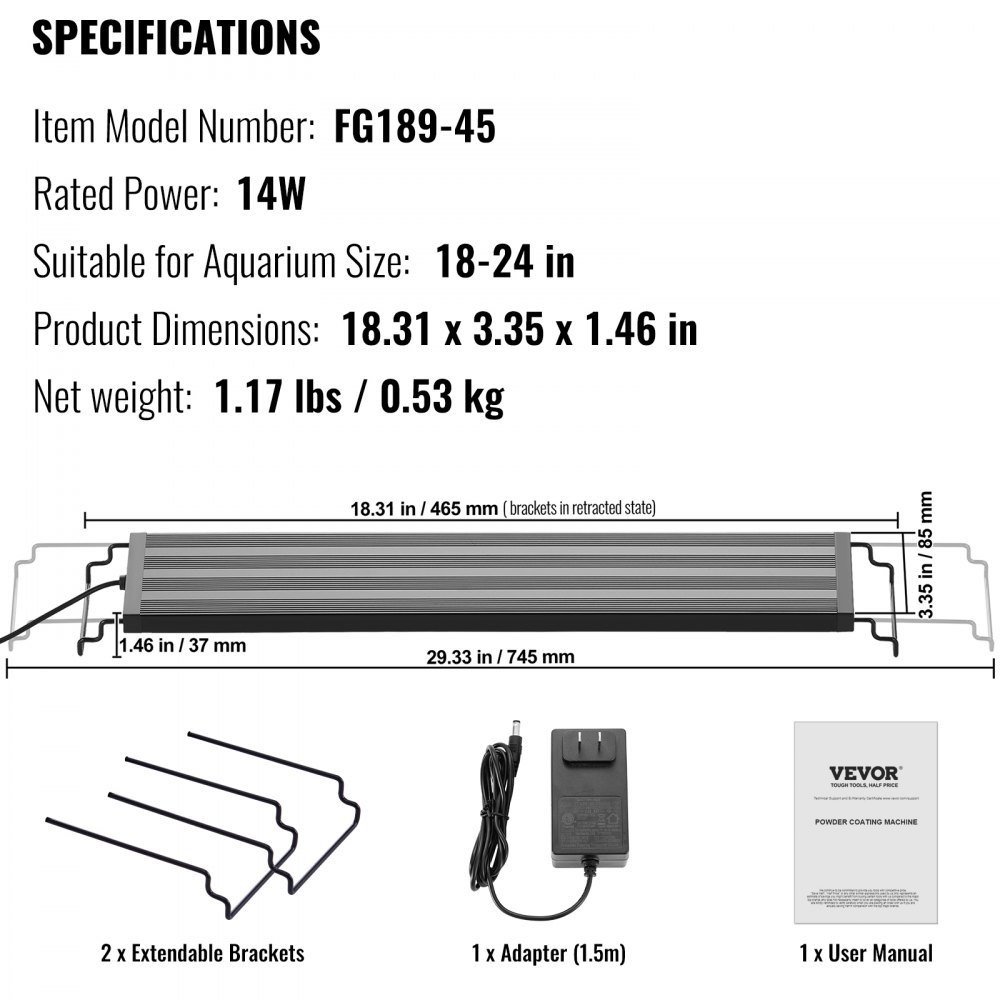 VEVOR 14 W Vollspektrum-Aquarienlicht mit 5 Helligkeitsstufen, einstellbarem Timer und Ausschaltspeicher, mit ausziehbaren Halterungen aus ABS-Gehäuse für 46-61 cm Süßwasseraquarien