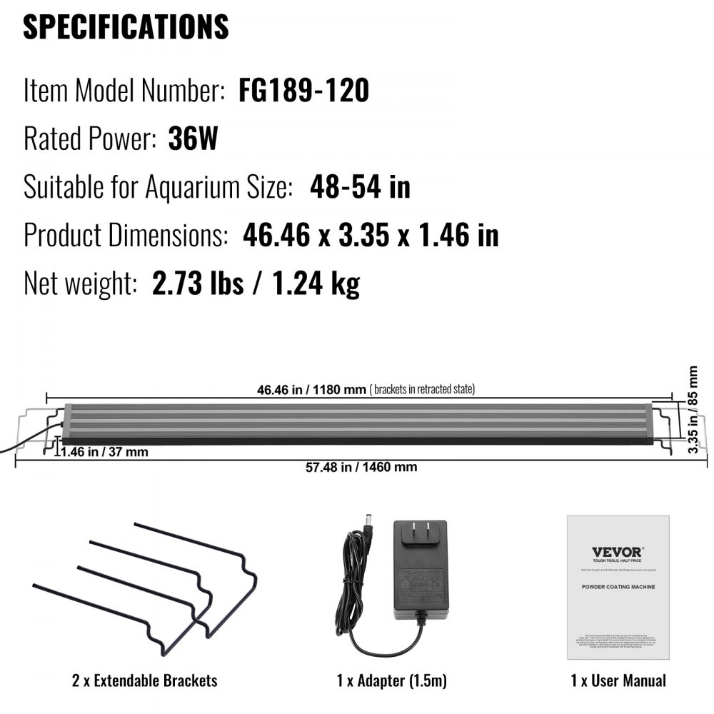 VEVOR Aquarium Licht, 36 W Vollspektrum Aquarium Licht mit 5 Stufen Einstellbare Helligkeit, Timer & Power-Off Speicher, mit ABS Shell Ausziehbare Halterungen für 122-137 cm Süßwasser-Fischtank